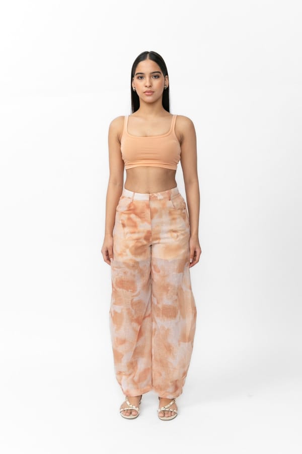Peach Abstract Printed Barrel-Leg Trousers — Contemponari