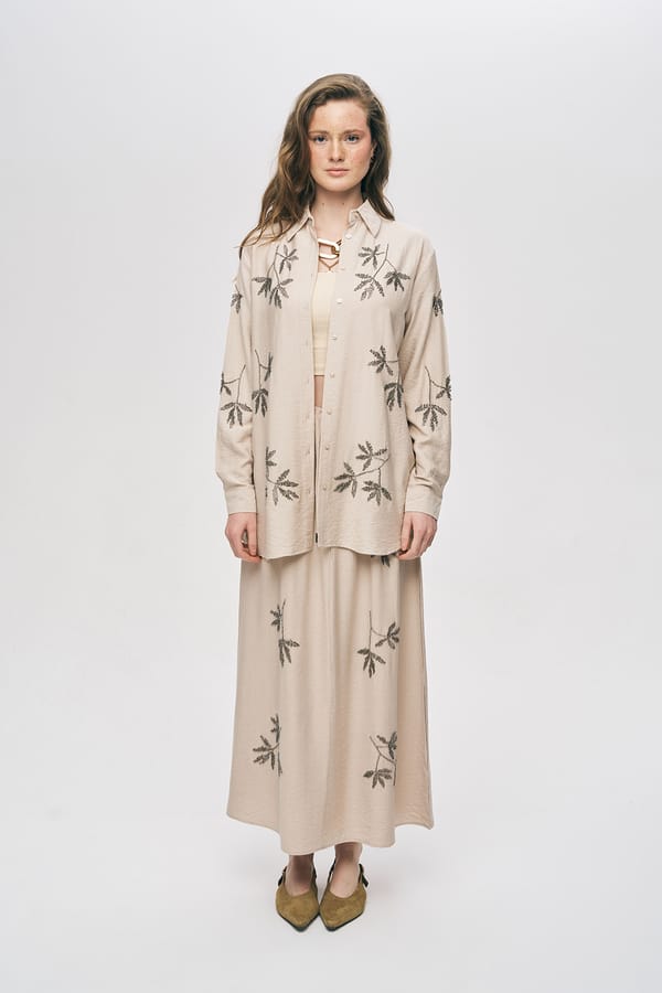 Cream Longline Embellished Button-Down Shirt — THE LUXURY DRESSING