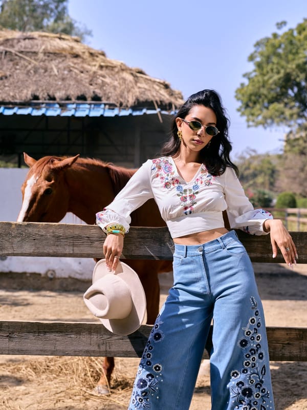 White Embroidered V-Neck Crop Top with Bishop Sleeves — Style Island