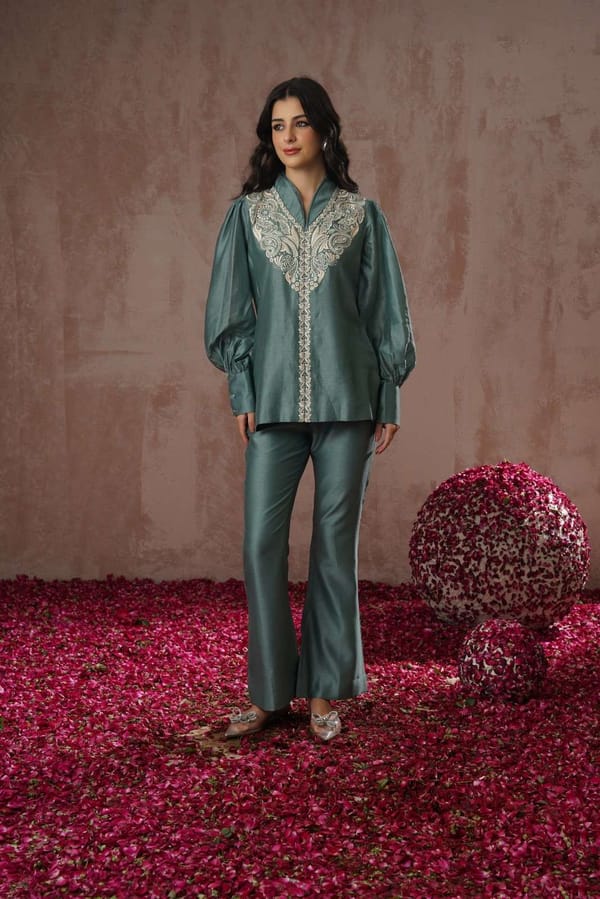Teal Chanderi Silk Embroidered Co-ord Set — Simar Tuli