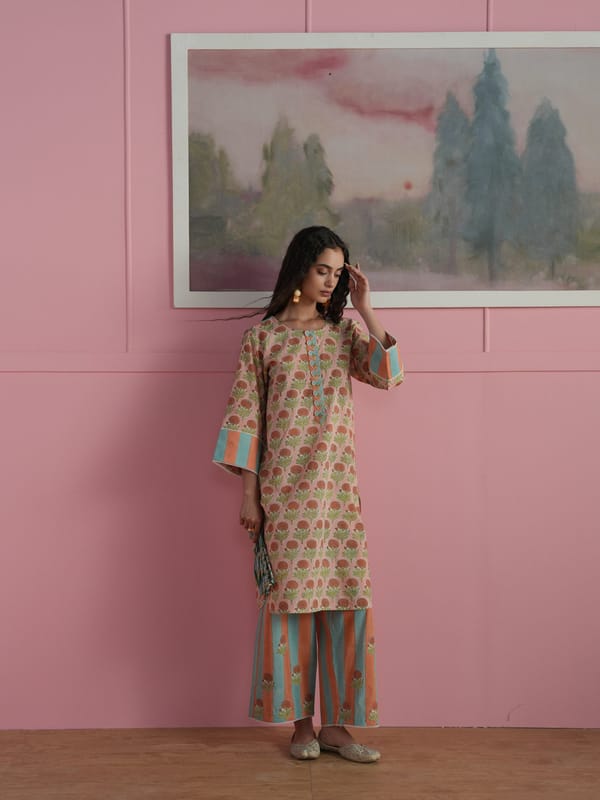 MARIGOLD ROUNDED GHERA KURTA WITH WIDE-LEGGED PANTS — TASHA INDIA
