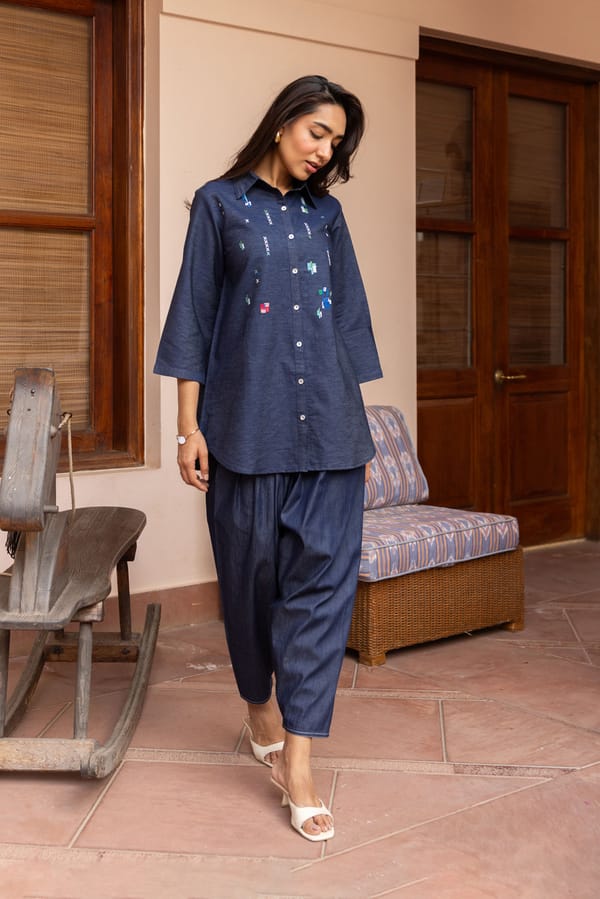 Indigo Denim Embroidered Tunic and Tulip Pants Co-ord — INCHING INDIA