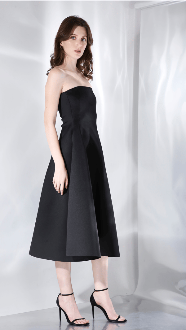 Black Strapless Fit and Flare Midi Dress — OZEQO