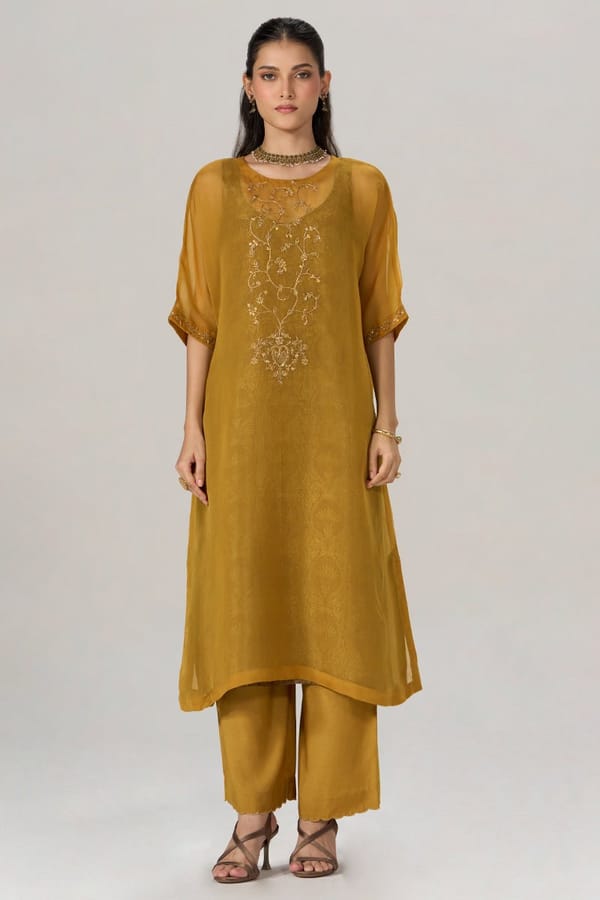 Mustard and Brown Sheer Kurta with Brocade Festive Co-ord Set — Ganga Fashions Pvt Ltd