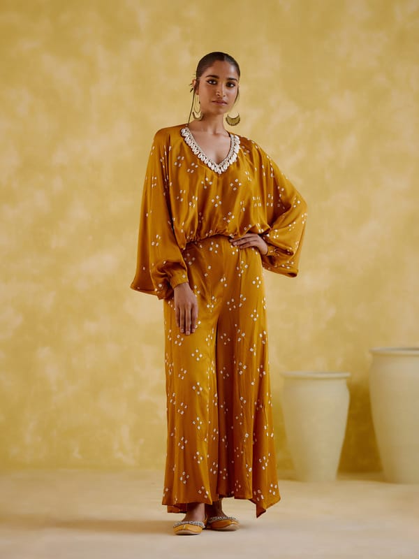 Mustard Bandhani Print Kaftan and Sharara Co-ord Set — 5 Elements