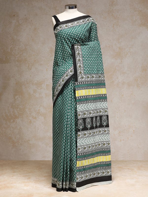 Sage Green Handblock Printed Mango Motif Mulmul — BINKS