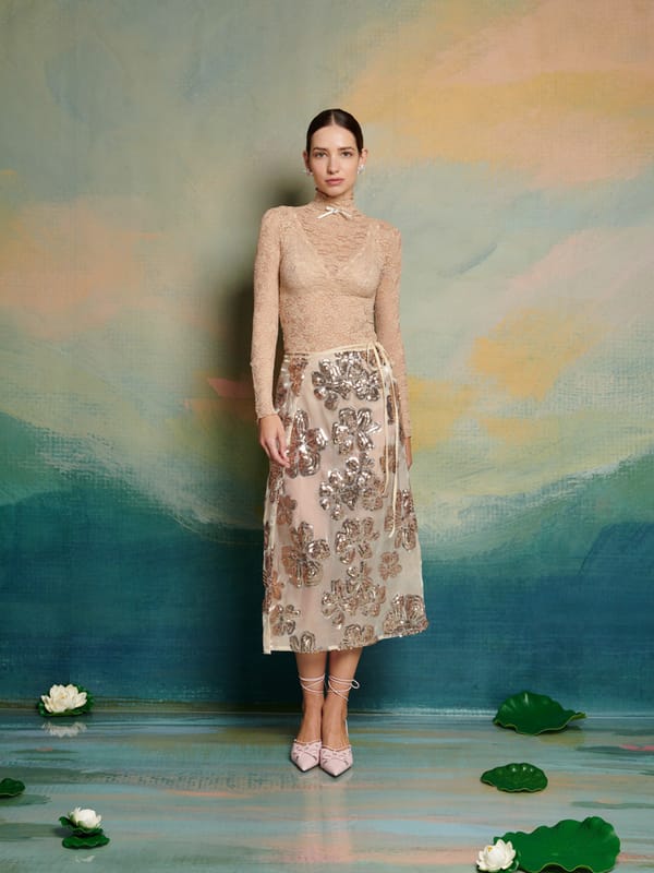 Nude Sequin Floral Wrap Midi Skirt — SISTER JANE