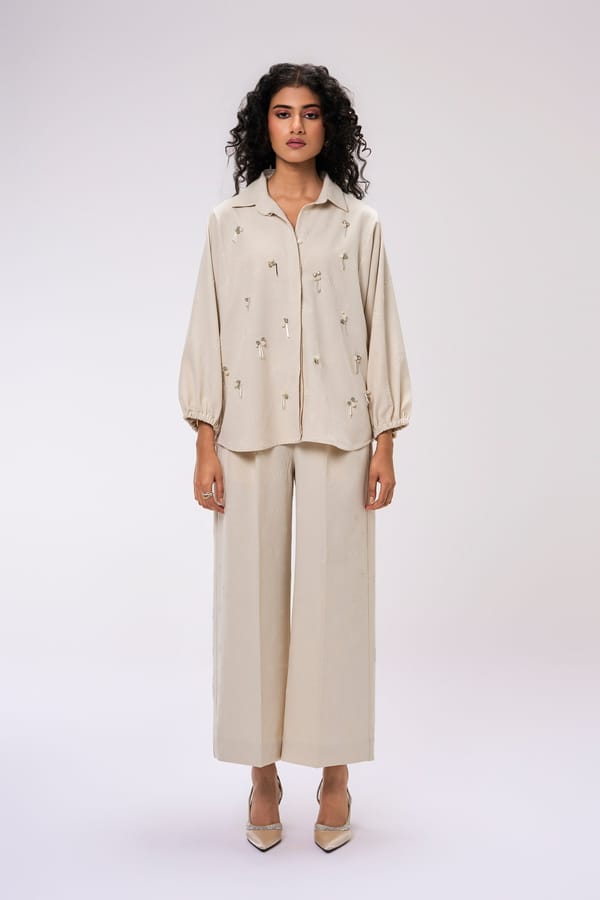 Beige Floral Jacquard Embellished Shirt and Pant Co-ord Set — KOR