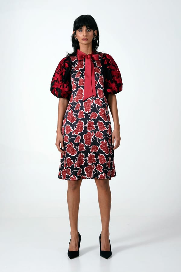 Red/Black Floral Shift Dress with Bow Tie Neck — Madder Much