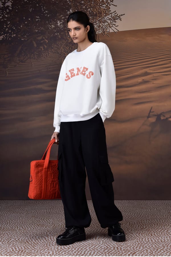 Ecru Crew Neck Sweatshirt with Textured GENES Applique — Genes Lecoanet Hemant