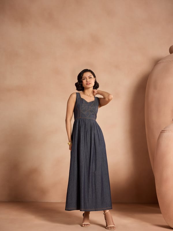 Blue Denim-Look A-Line Maxi Dress with Stitch Detail — Style Island