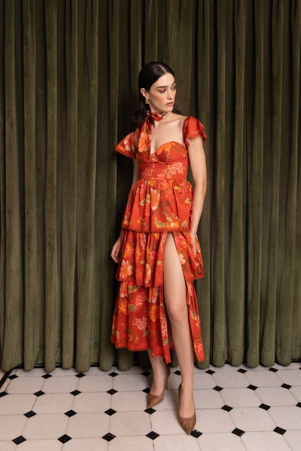 Saffron Orange Floral Tiered Midi Dress with Side Slit — Sage by Mala
