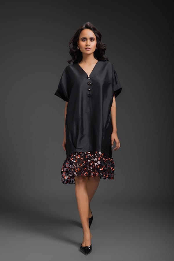 Black V-Neck Shift Dress with Statement Hem Panel — Deepika Arora