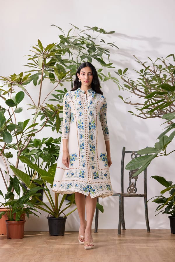 Off White Floral Micro-Pleated Button-Front Midi Dress — Scarlet Sage