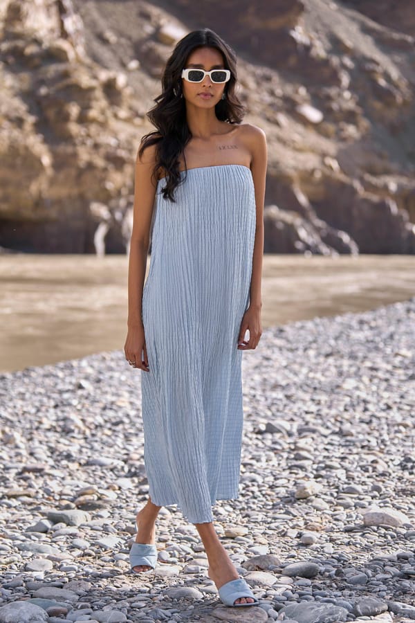 Sky Blue Crinkled Off-Shoulder Midi Tube Dress — Dash and Dot
