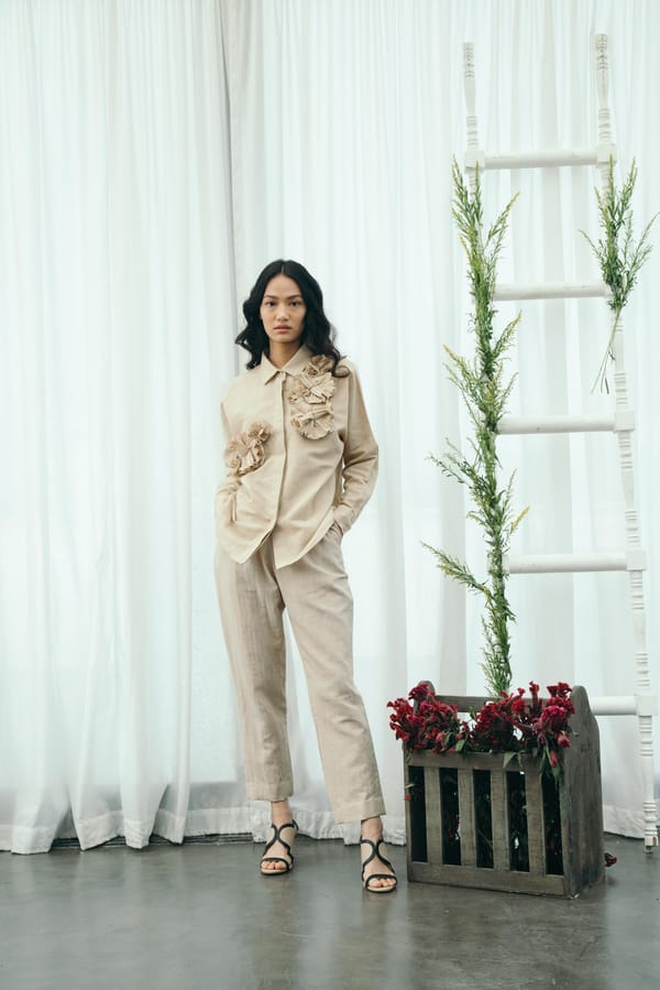 Beige Linen Straight-Leg Trousers — Pleats by Aruni