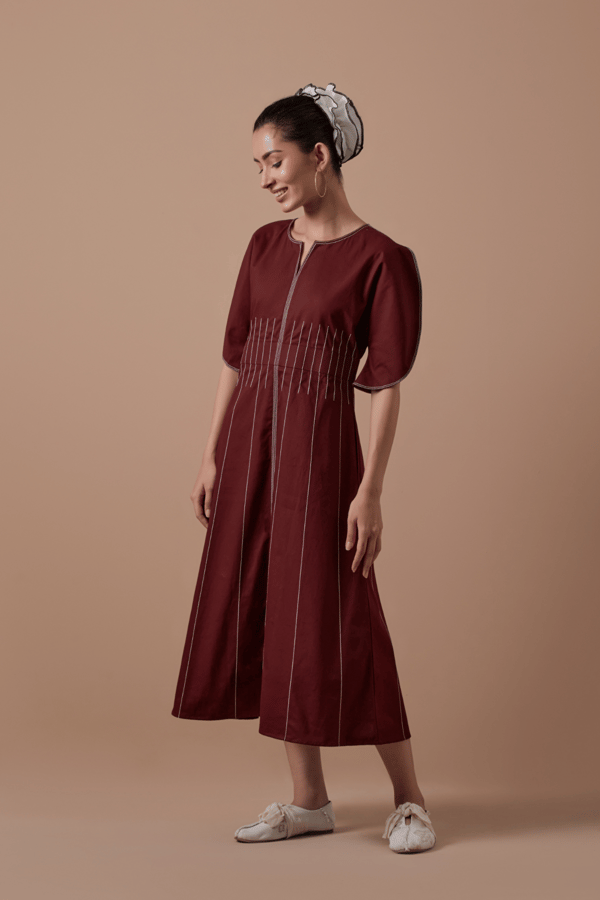 Maroon A-Line Midi Dress in Organic Cotton Twill — SHIBUI