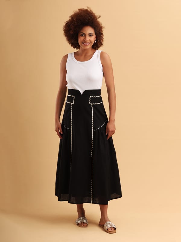Black High-Waist Tiered Midi Skirt with Contrast Trim — ANISETTE