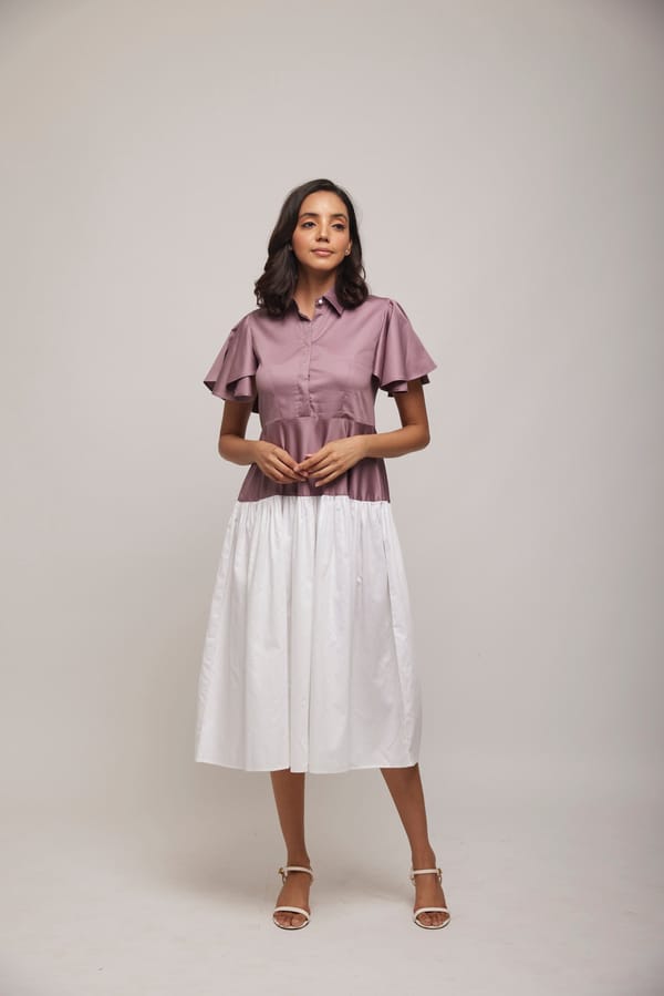 Light Purple and White Colorblock Midi Shirt Dress — Escape By Aishwarya