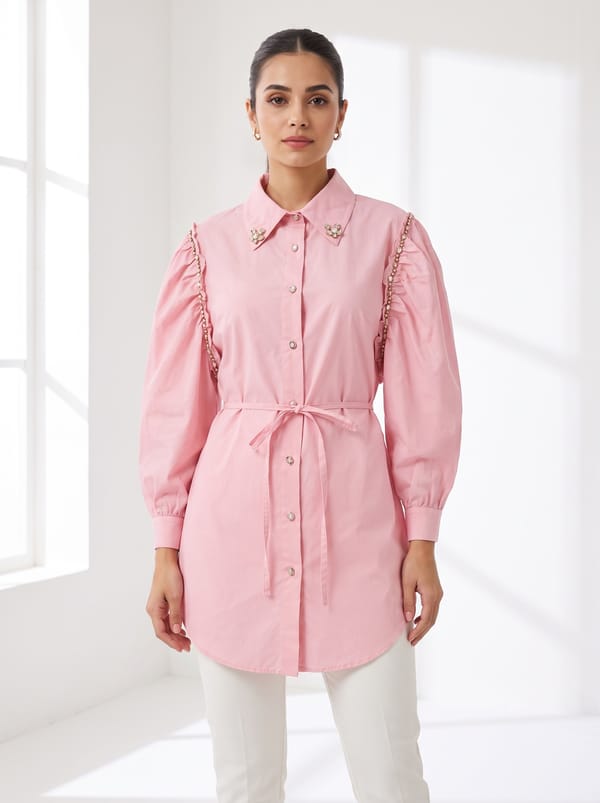 Soft Pink Embellished Shirt With Puff Sleeves — THE LUXURY DRESSING