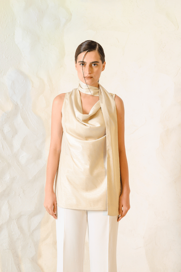 Beige Satin Cowl Neck Sleeveless Top with Wrap Tie — ETE CLOTHINGS