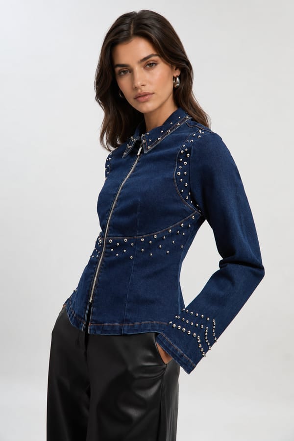 Dark Blue Studded Zip-Front Denim-Look Jacket — KAREN MILLEN