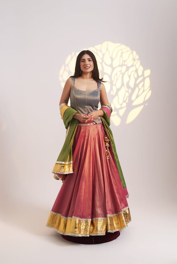 Tri-Colour Tissue Chanderi Lehenga Set with Gotta Border — Gotta Kinari