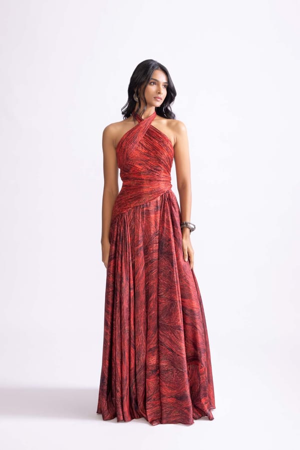 Red Wave Print Halter Neck Fit and Flare Maxi Dress — Saaksha and Kinni