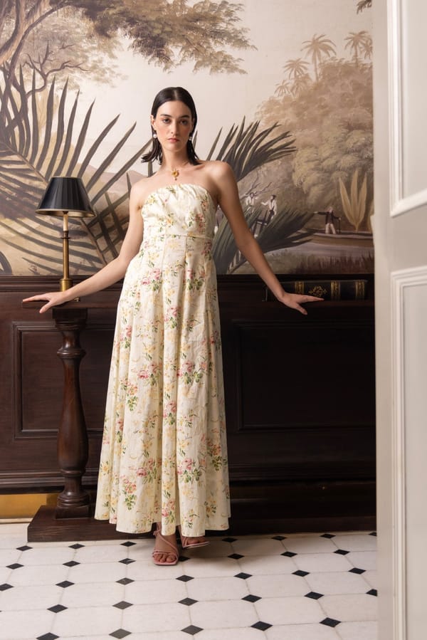 Light Yellow Strapless Floral A-Line Maxi Dress — Sage by Mala