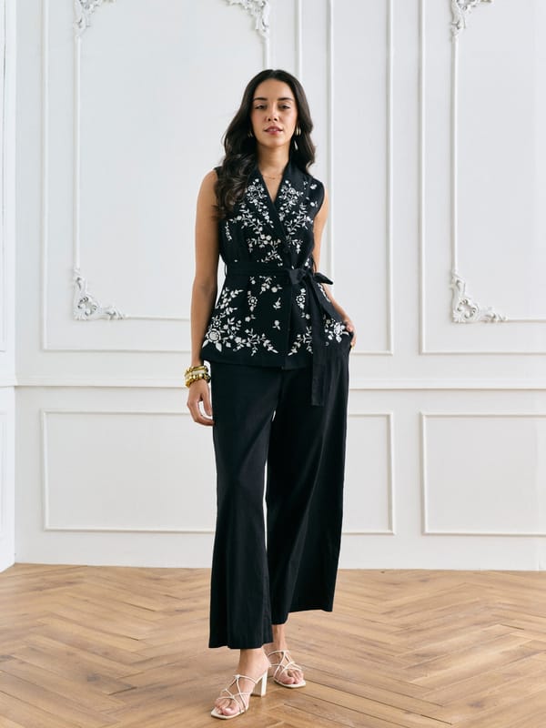 Black Cotton-Linen Wide Leg Trousers — Style Island