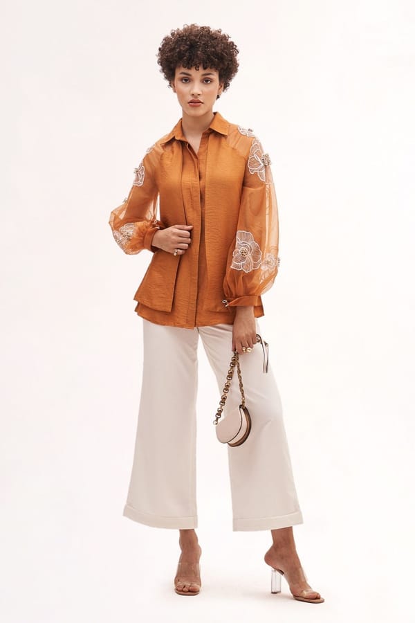 Copper Chanderi Organza Shirt with Embroidered Sleeves — Our Love