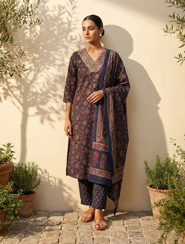 Floral Print Embroidered V-Neck Kurta Pant Dupatta Set — Truebrowns