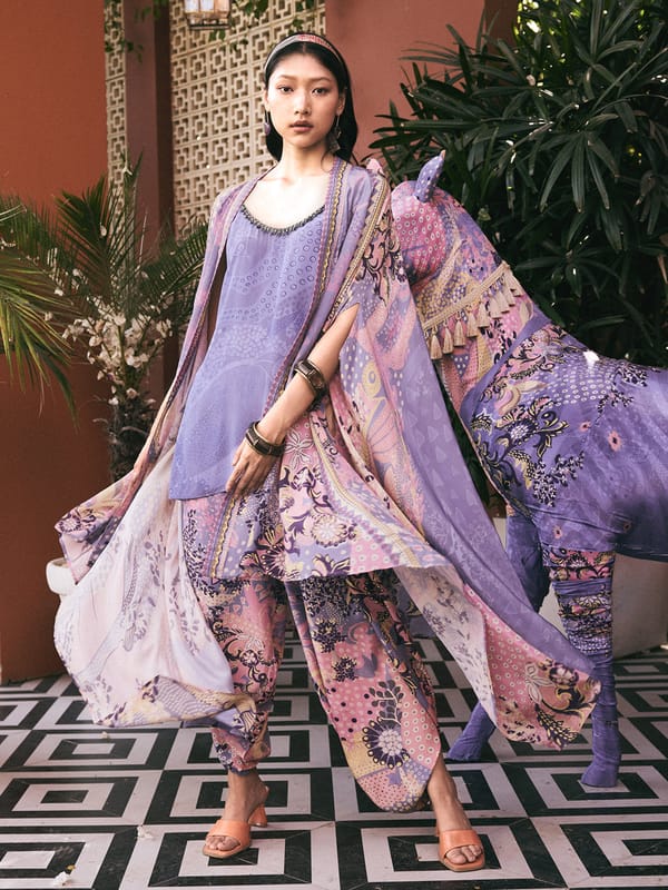 Purple Printed Cami and Dhoti Pants Co-ord Set (3-Piece) — SAUNDH