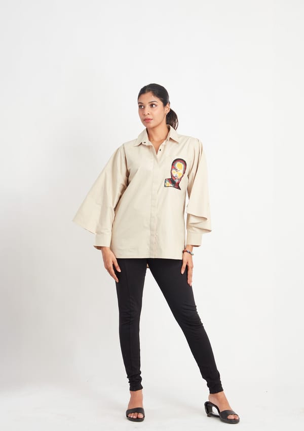 Beige Comfort Fit Cotton Shirt with Pockets and Cape Sleeves — Richa Goenka