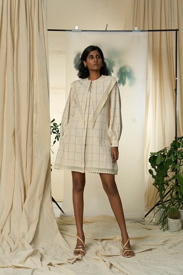 Beige Checked Kala Cotton Mini Dress with Lace Yoke — ALTER NATIVE