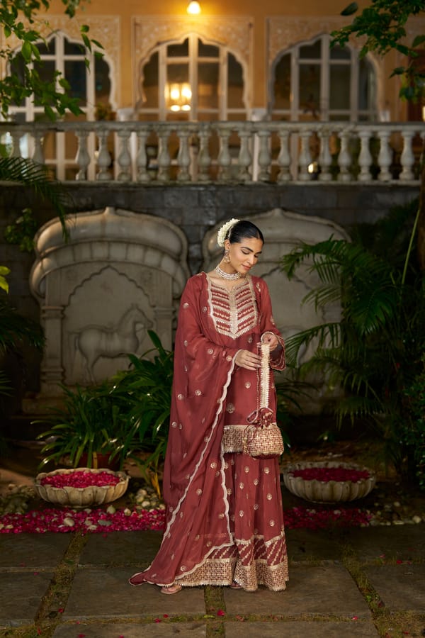 Rust Organza Sharara Kurta Set with Embroidered Yoke — NARAYANI VASTRA
