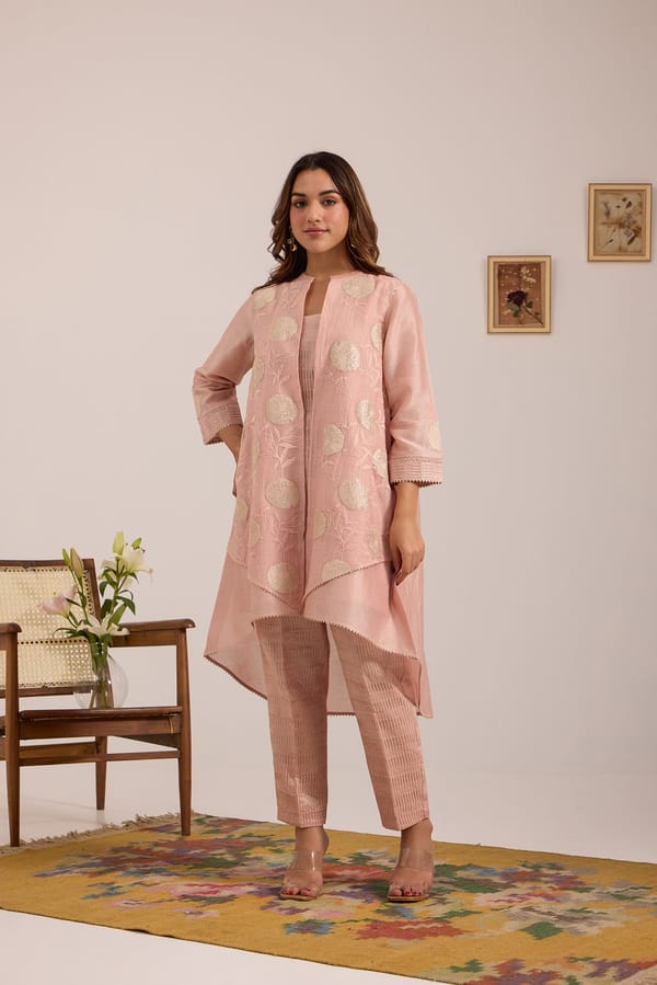 Tissue Embroidered Chanderi Jacket Set with Tissue Inner and Pants — Omi Clothing