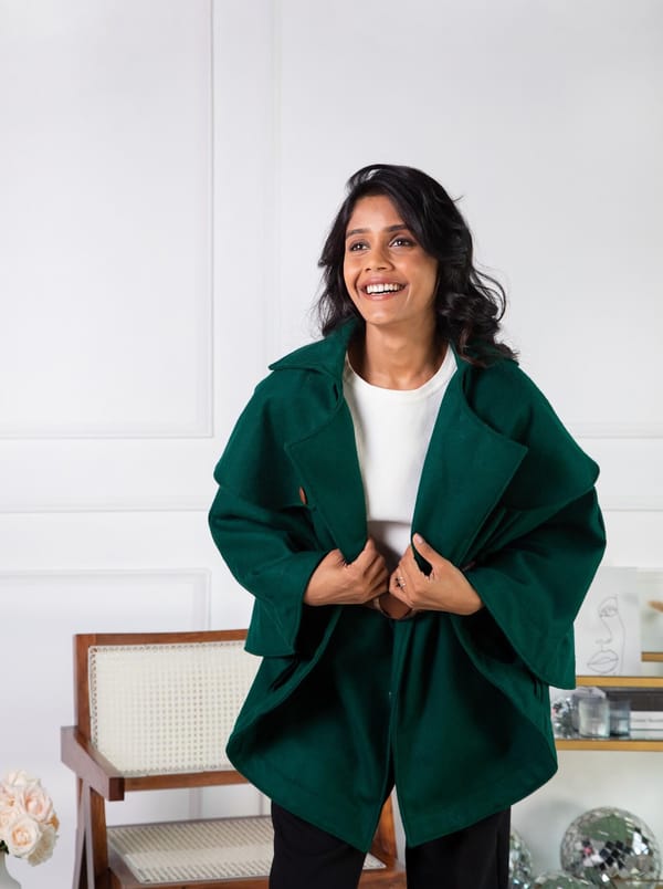 Dark Green Wool-Blend Belted Cape with Lapel Collar — Rhe-Ana
