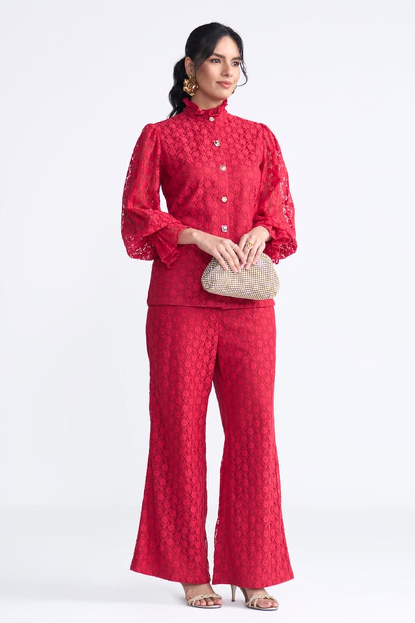 Red Lace Button-Front Co-ord Set with Flared Pants — Sttavoss