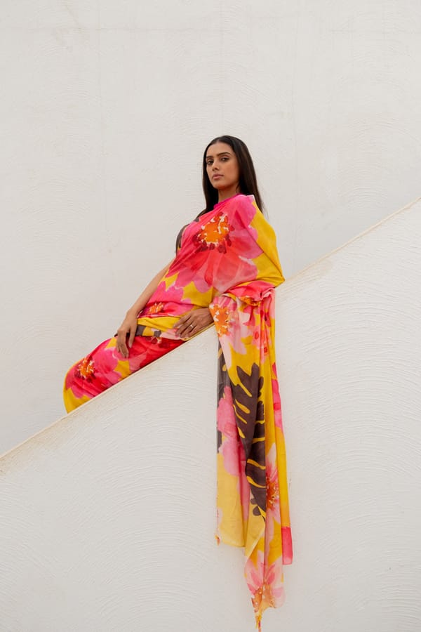 Multicolor Floral Printed Silk Voile Saree with Tassels — Silai studio