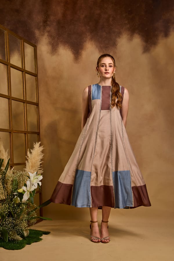 Colorblock Fit and Flare Midi Dress with Lace Inserts — An'era by Asmita Verma