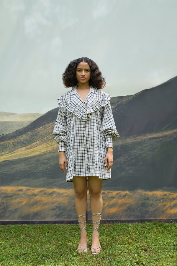 Blue and Off-White Checked Ruffle Bib Mini Shirt Dress — ALTER NATIVE