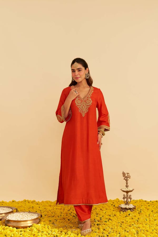 Burnt Orange Upada Silk Embroidered Long Kaftan — Sheetal Batra