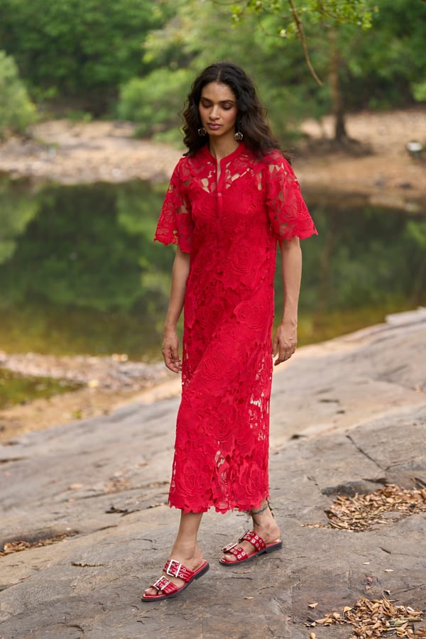 Red Lace Midi Dress with Band Collar and Flared Sleeves — Dash and Dot