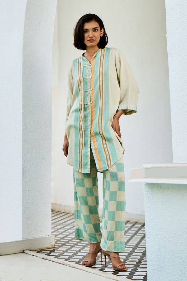 Off-White Linen Striped Tunic and Checked Pant Co-ord Set — Basil Leaf