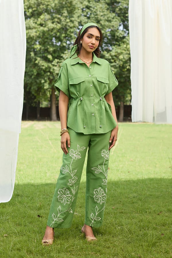 Green Linen-Cotton Embroidered Co-ord Set — INCHING INDIA
