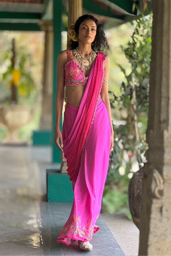 Hot Pink Pre-Draped Saree with Scallop Pallu Edge — Basil Leaf