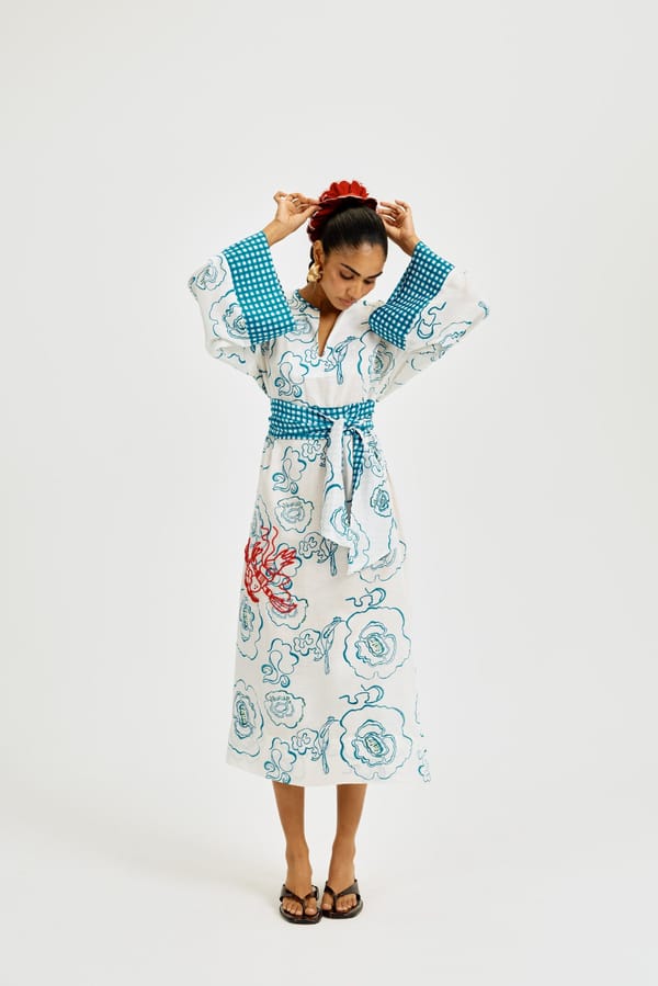 White and Blue Printed Belted Midi Dress — JODI