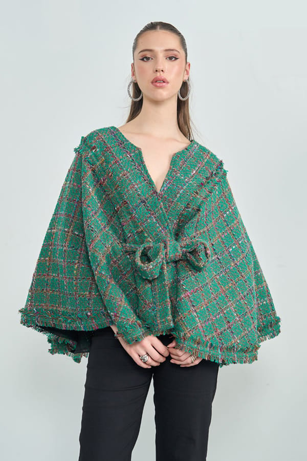 Green Tweed Plaid Cape with Waist Tie Belt — AVERIE