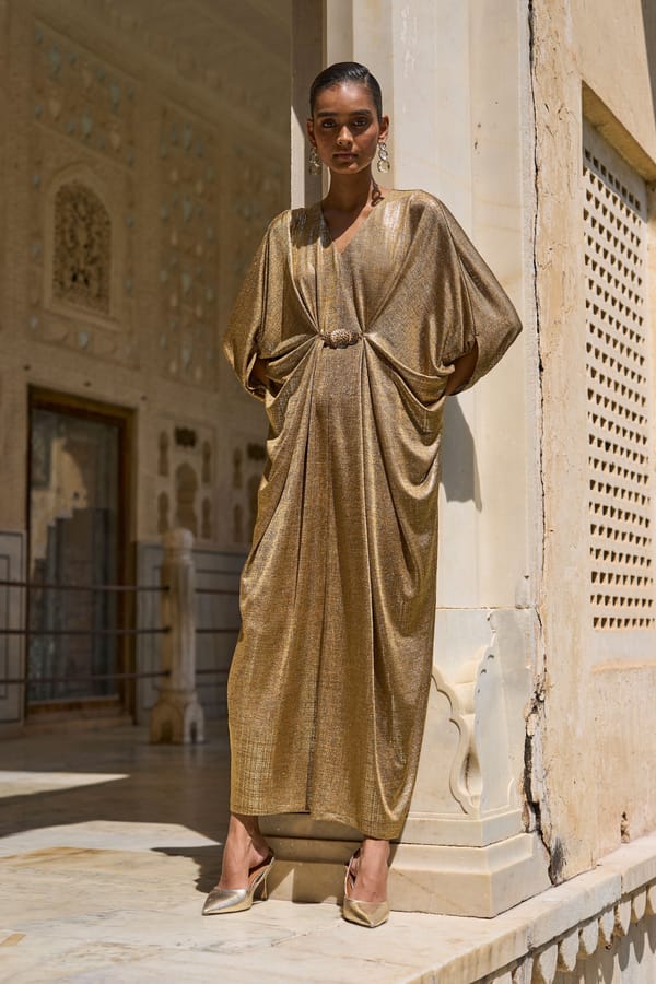 Gold Metallic Draped Maxi Kaftan with V-Neck — Dash and Dot